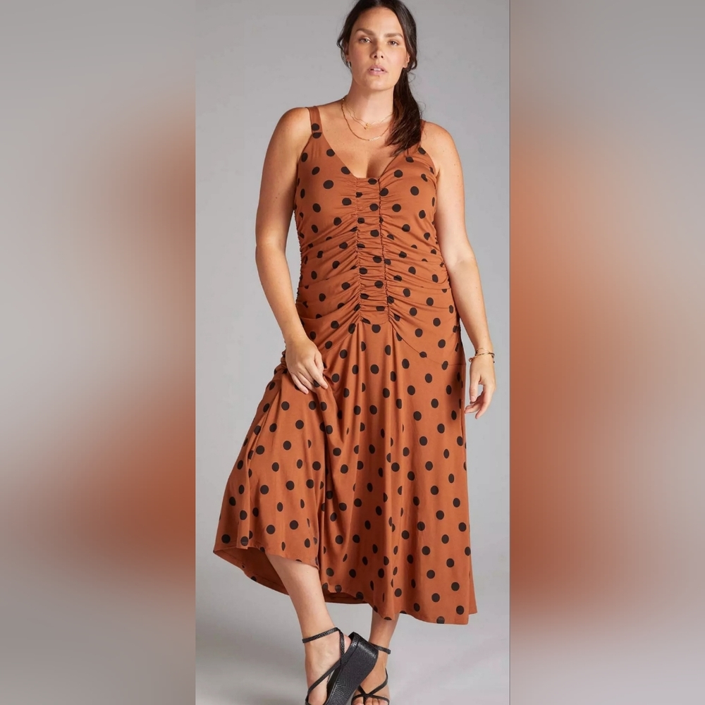 Anthropologie Maeve Ruched Polka Dot Midi Dress